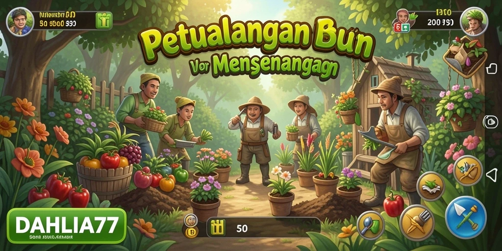Screenshot gameplay DAHLIA77 menampilkan kebun yang subur dan berwarna-warni.
