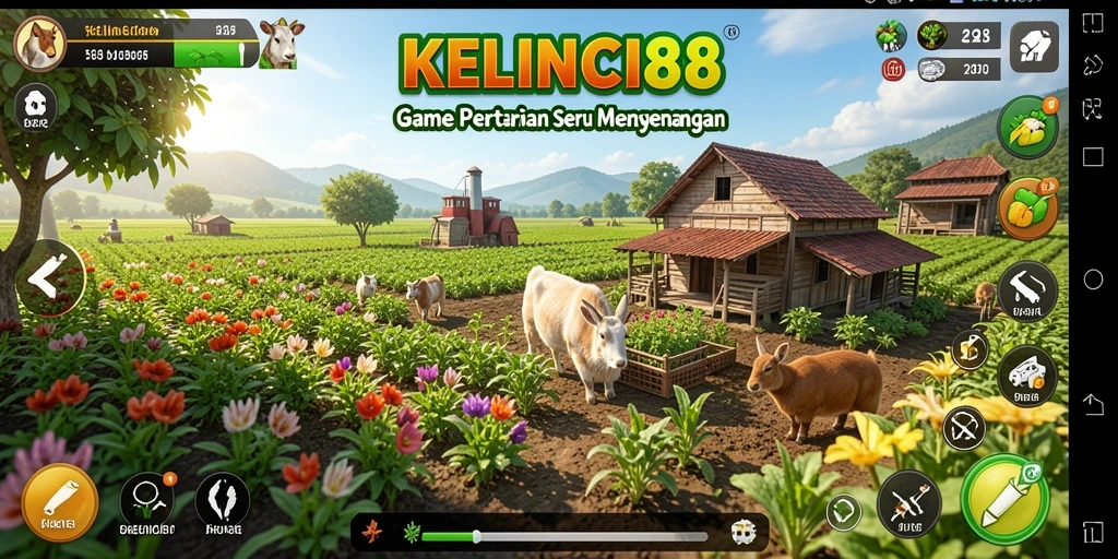 Tangkapan layar gameplay KELINCI88 dengan kebun yang indah dan hewan ternak.
