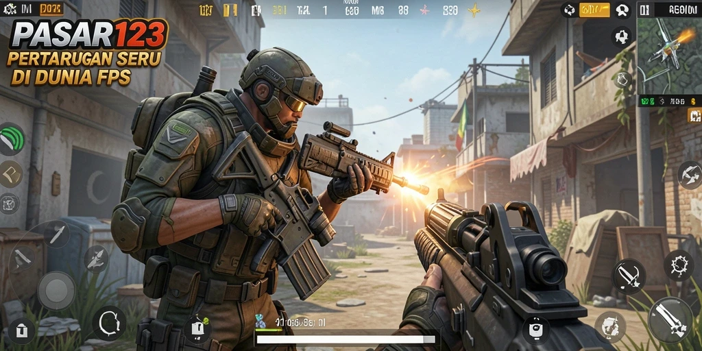 Screenshot menampilkan aksi seru dalam gameplay FPS PASAR123.