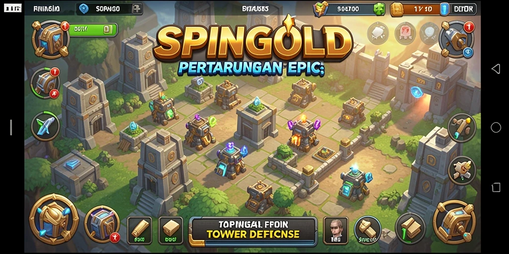 Tangkapan layar gameplay SPINGOLD menampilkan menara strategis dalam aksi.